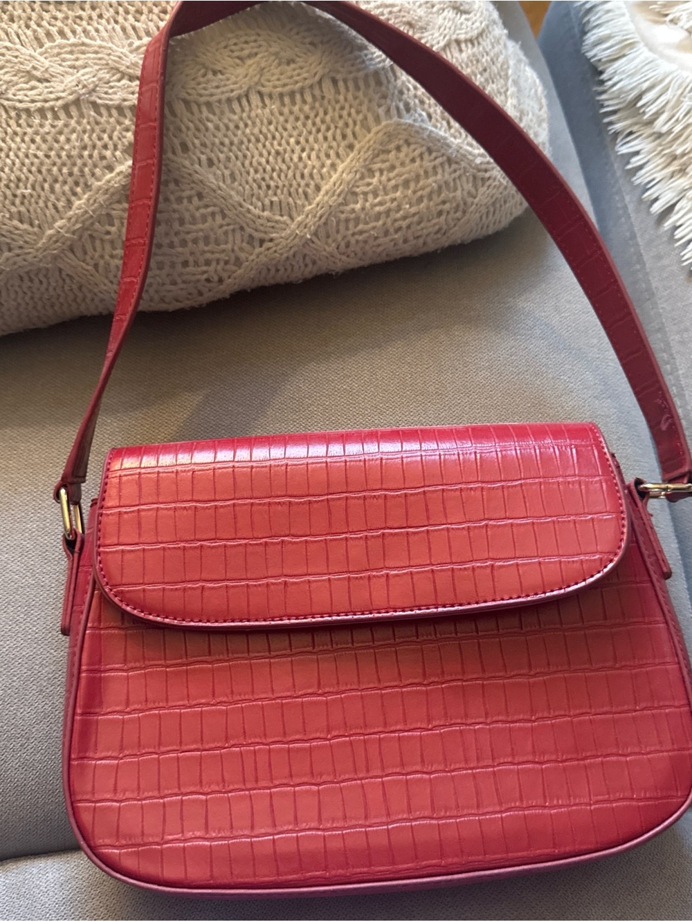 Princess Polly Red Croc-Embossed Shoulder Bag